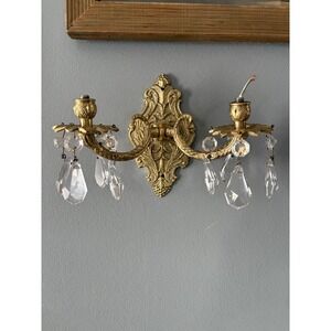 VTG Brass Bronze Wall Double Arm‎ Sconce Light Fixture Glass Prisms Regency Glam